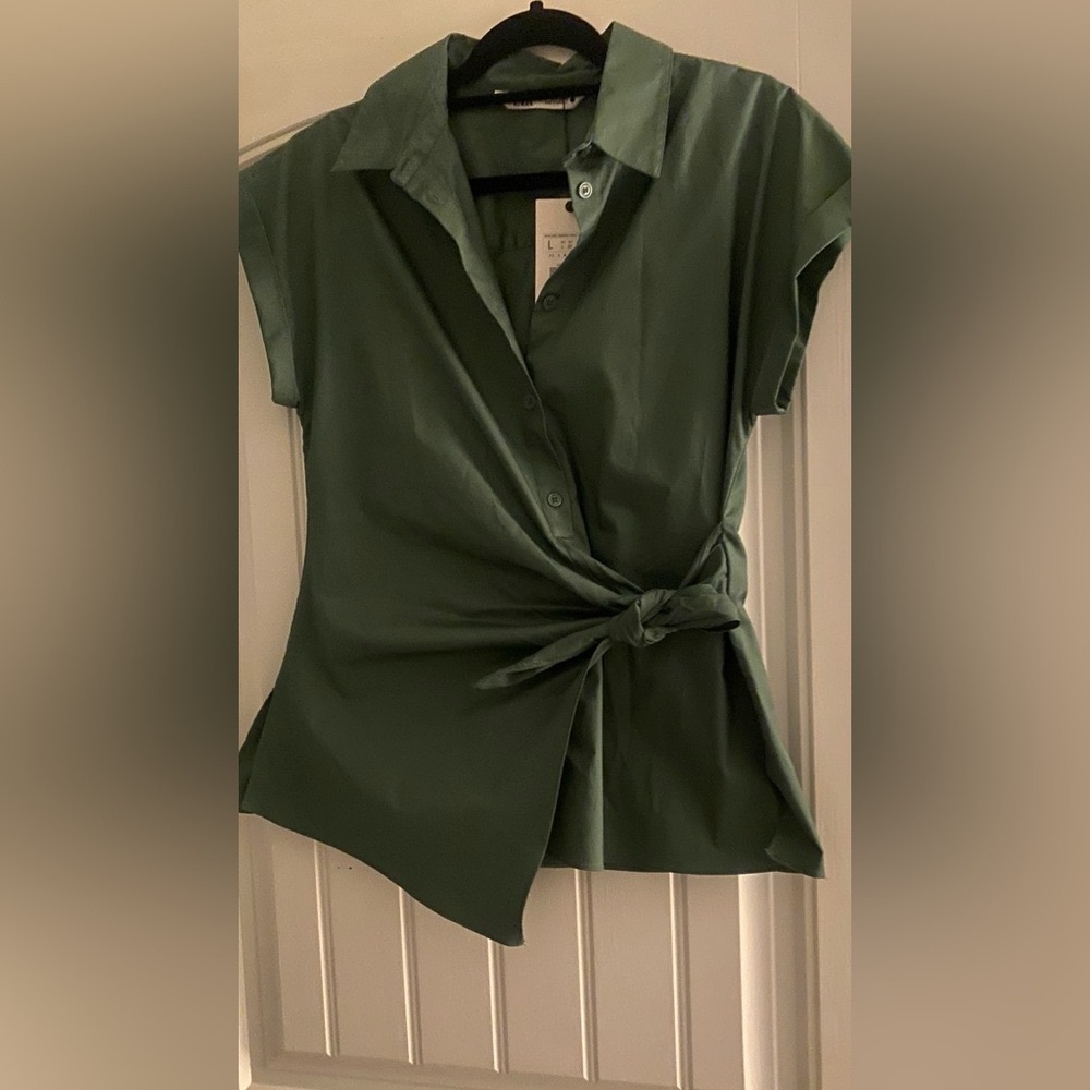 Zara Green Wrap Blouse with Cap Sleeves and Notched Collar